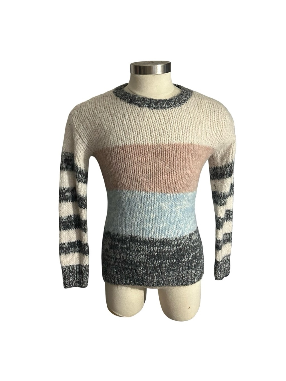 American Eagle Oversized Jegging Fit Sweater Sz XS Striped Wool Tunic Cream Grey